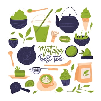 Many matcha tea products. Matcha powder, mochi, macarons, tea pot, bamboo spoon, tea leaves ets. Hand drawn flat vector set. Colored trendy hand drawn illustration. All elements are isolated.