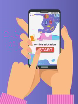 Vector online education concept in flat style. Two Hands holding mobile phone with educational app on the screen. Distant e-learning. Finger pushes start button