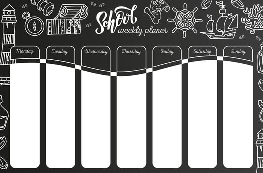 Weekly Calendar on chalkboard . 7 day plan on black chalkboard background. School timetable template with hand written text, Adventure sea travel symbols. lessons shedule in sketchy style with doodles vector