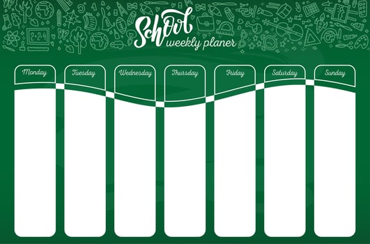 School timetable template on chalk board with hand written white chalk lettering text. Weekly lessons schedule in sketchy style decorated with hand drawn school doodles on green board. vector
