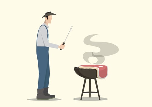 Farmer cooking big steak on barbecue. vector