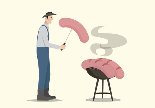 Farmer cooking big sausages on barbecue. vector