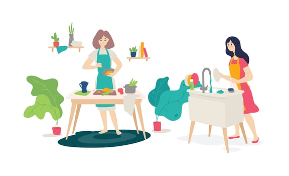 Illustration of girls in the kitchen. Vector. Flat style. Wife prepares at home. Online cooking courses. Housewife washes the dishes. Women's homework. vector