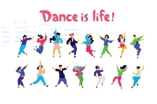A group of dancing people in different poses and emotions. Vector. Illustrations of men and women. Flat style. A group of happy teenagers are dancing and having fun. Dance is life. vector