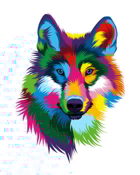 Abstract wolf head portrait, wolf grin, furious wolf from multicolored paints. Colored drawing. Vector illustration of paints