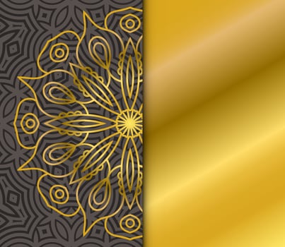 Cute gold Mandala card with striped pattern. Ornamental round doodle flower isolated on dark background. Geometric decorative ornament in ethnic oriental style. vector