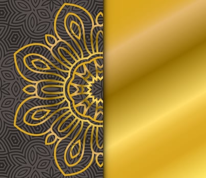 Cute gold Mandala card with striped pattern. Ornamental round doodle flower isolated on dark background. Geometric decorative ornament in ethnic oriental style. vector