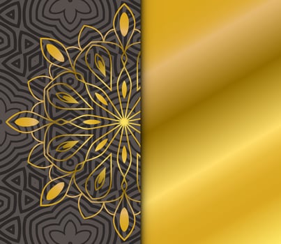 Cute gold Mandala card with striped pattern. Ornamental round doodle flower isolated on dark background. Geometric decorative ornament in ethnic oriental style. vector