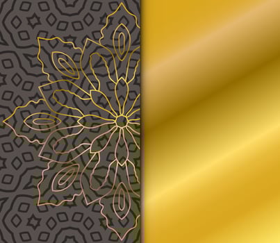 Cute gold Mandala card with striped pattern. Ornamental round doodle flower isolated on dark background. Geometric decorative ornament in ethnic oriental style. vector