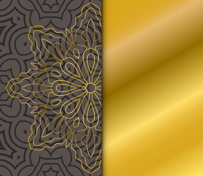 Cute gold Mandala card with striped pattern. Ornamental round doodle flower isolated on dark background. Geometric decorative ornament in ethnic oriental style. vector