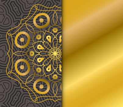 Cute gold Mandala card with striped pattern. Ornamental round doodle flower isolated on dark background. Geometric decorative ornament in ethnic oriental style. vector