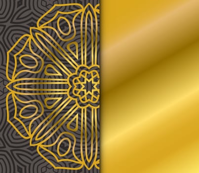 Cute gold Mandala card with striped pattern. Ornamental round doodle flower isolated on dark background. Geometric decorative ornament in ethnic oriental style. vector