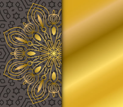 Cute gold Mandala card with striped pattern. Ornamental round doodle flower isolated on dark background. Geometric decorative ornament in ethnic oriental style. vector