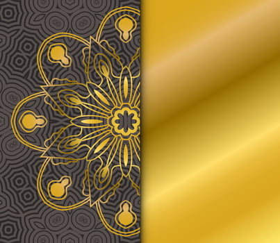 Cute gold Mandala card with striped pattern. Ornamental round doodle flower isolated on dark background. Geometric decorative ornament in ethnic oriental style. vector