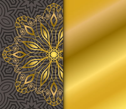 Cute gold Mandala card with striped pattern. Ornamental round doodle flower isolated on dark background. Geometric decorative ornament in ethnic oriental style. vector