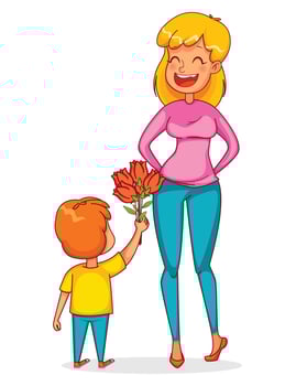 Funny boy gives a bouquet of tulips to his mother vector