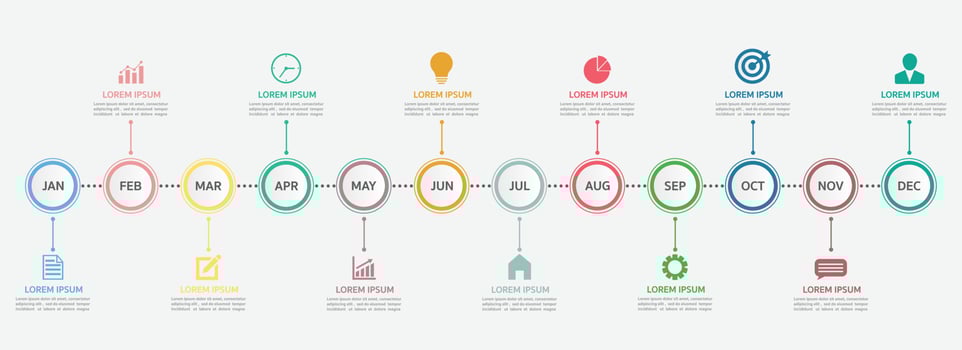 Timeline for 12 months, Infographic template for business. vector