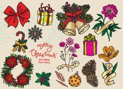 happy new year and christmas drawing and sketch vector