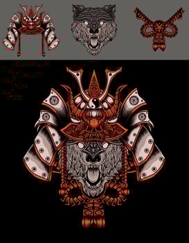 Set illustration wolf head with samurai helmet vector