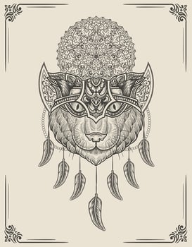 illustration cat head engraving mandala style with mask vector