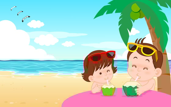 Boy and girl drinking coconut water on the beach vacation of summer holiday activities. vector