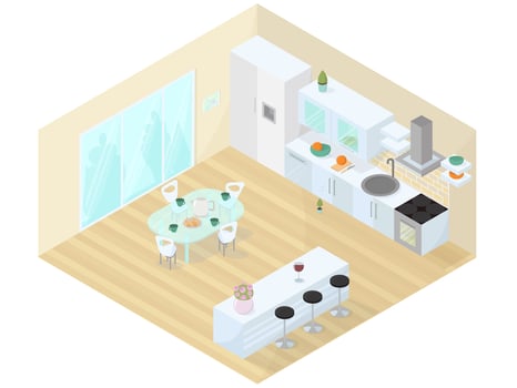 Kitchen dining room studio isometric vector illustration.