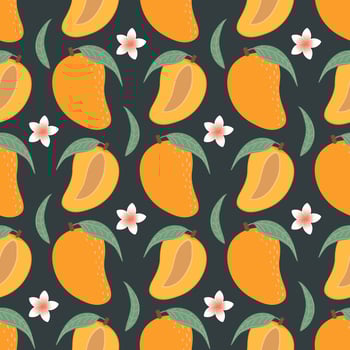 Seamless pattern with mango, flowers and leaves. Fruit pattern. vector