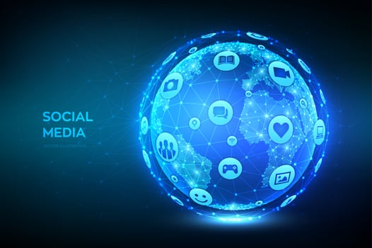 Social media connection concept. Earth globe illustration. Abstract polygonal planet. Low poly design. Wireframe sphere made from a different social media and computer icons. Vector illustration.