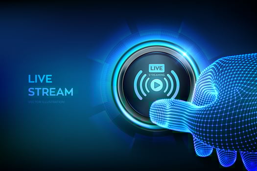 Live streaming. Webinar. Online translation. Internet conference. Web based seminar. Distance Learning or Training concept. Closeup finger about to press a button with a Livestream icon. Vector. vector