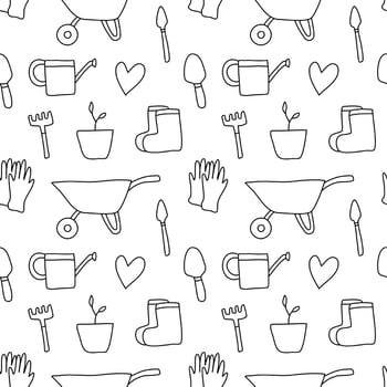 Seamless garden. Seamless pattern. Seamless vector pattern. Background for decoration. Hand drawn vector. Wrapping paper pattern. Decorate the packaging. Gardening equipment icon.
