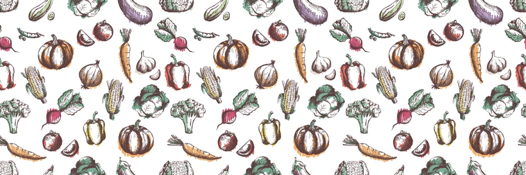 Vegetables seamless pattern. Hand draw vintage vegetables. Healthy Food Seamless Pattern. Sketch healthy vegetarian food. Harvest. vector