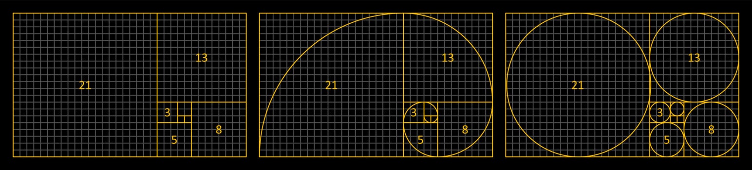 Golden Ratio Fibonacci set. A spiral for harmony, composition, logos and designs. Correct proportions. vector