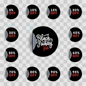 Black Friday sale and discount pointer or sticker set. 5.10, 15, 20,30,40,50,60,70,80,90, 95 percent price off tag icon. Vector realistic illustration with shadow. Round shape with folded side.