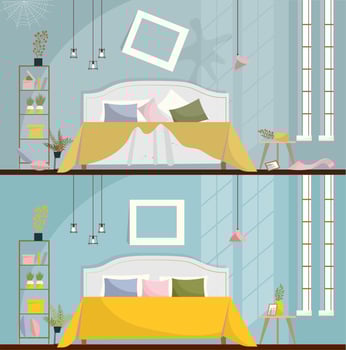 Bedroom before and after cleaning. Dirty room Interior with scattered Furniture and items. Bedroom interior with a bed, nightstands, wardrobe and large windows. Flat cartoon style vector illustration.