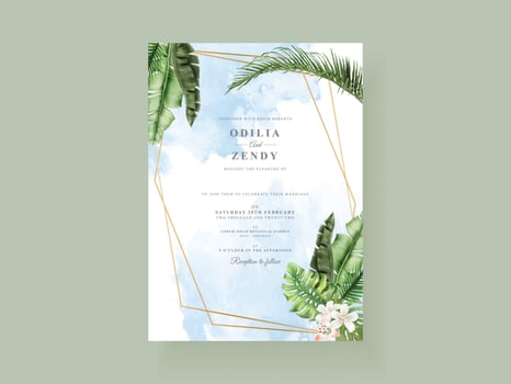 Beautiful tropical leaves wedding invitation card template vector