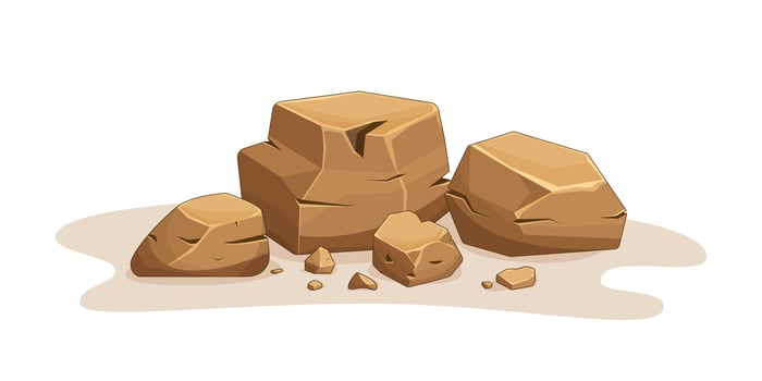 Rock stone, Brownstones. Set of different boulders. Cartoon heap of heavy cobbles. Solid natural building material or mountain landscape element. Pile from large and small rough boulders. Vector