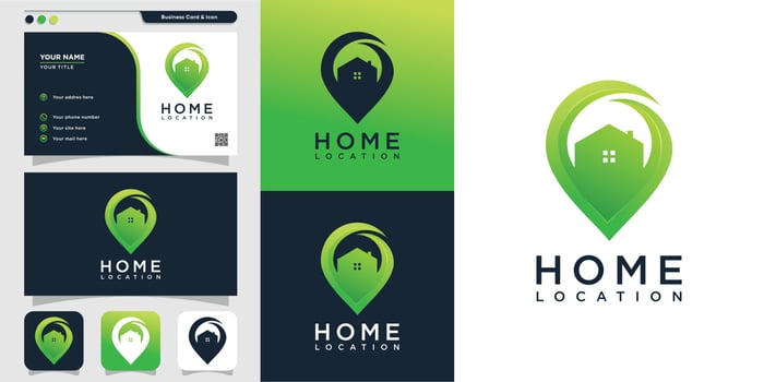 Home location with modern style logo and business card design template, icon, location, map, modern, home, house Premium Vector