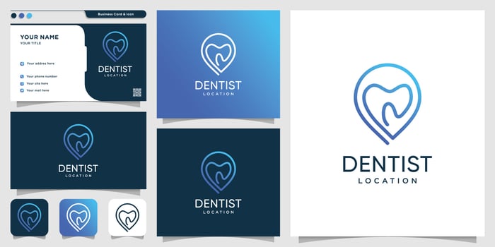Dental logo location with line art style and business card design template, dentist, dental, location, care, icon, Premium Vector