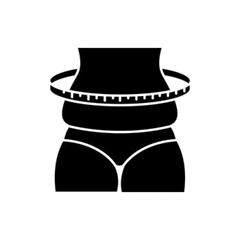 Weight change glyph icon. Overweight female body. Cellulite on abdominal area and thighs. Gain weight. Predmenstrual syndrome symptom. Silhouette symbol. Negative space. Vector isolated illustration