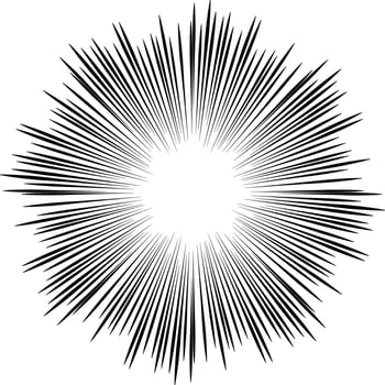 Black radial speed line burst for background design or cartoon template. Comic Book Design Element. Abstract motion lines. Vector stripe pattern.