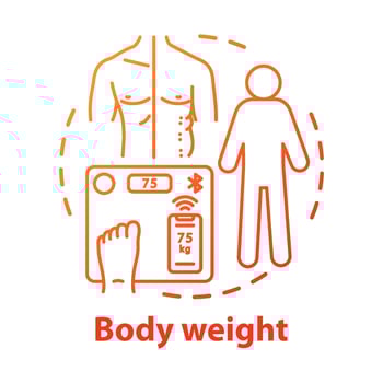 Body weight control concept icon. Fighting obesity, overweight problem idea thin line illustration. Electronic measuring scales. Checking body mass.Vector isolated outline drawing. Editable stroke vector