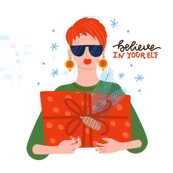 Cool young girl wearing sunglasses and baubles as earings with xmas gift box in hands. Festive holiday. Merry Christmas greeting card flat vector illustration with lettering - Believe in your elf.