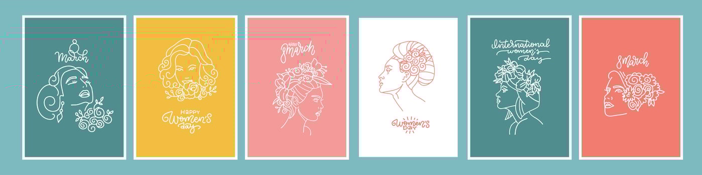 International womens day postcards collcetion. Set of postcards with line art portraits of beautiful women with flowers. Templates for cards,posters, flyers. Linear vector illustration with lettering