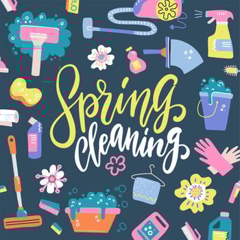 Spring Cleaning Lettering Decorating with Equipment, Housework, Appliance, Domestic Tools pattern. Season cleanup. Flat hand drawn vector illustration on dark background