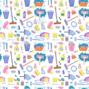 Doodle pattern of cleaning tools. Cleaning service. Home supplies. Flat hand drawn vector illustration on white background