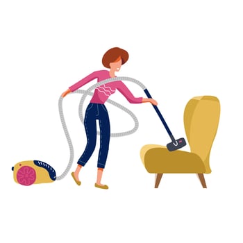 Funny woman vacuuming a sofa armchair on white background. Vacuum cleaner hose woman wraps around. Flat vector illustrration