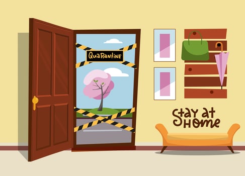 Open door with a stop symbol and sign Close, Quarantine. Vector illustration flat design. Door is blocked by striped cautions ribbons, danger tapes. Dead end, no way out.