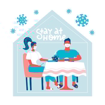 Family sitting at the table at home hiding from virus. Stay home during the coronavirus epidemic. COVID-19 outbreak, quarantine concept. Virus outside silhouette of house. Flat vector illustration