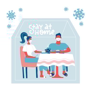 Family sitting at the table at home hiding from virus. Stay home during the coronavirus epidemic. COVID-19 outbreak, quarantine concept. Virus outside silhouette of house. Flat vector illustration