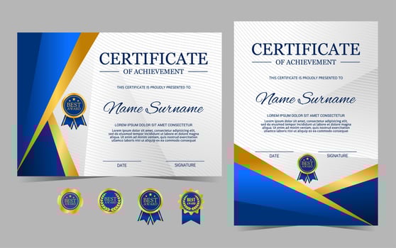 Certificate of achievement template, blue and gold color. Certificate border template with luxury badge and modern line pattern. Diploma vector template